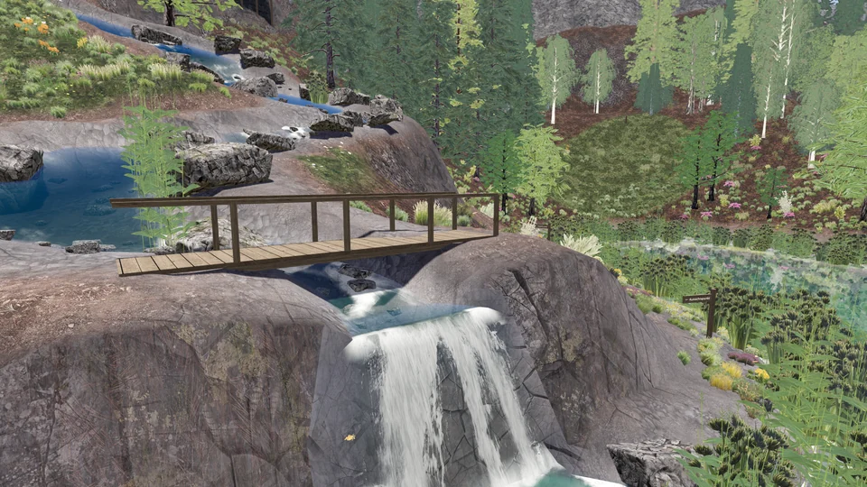 Holzbrücke über den Bach am Wasserfall mit bewachsenem Ufer und Alpensee